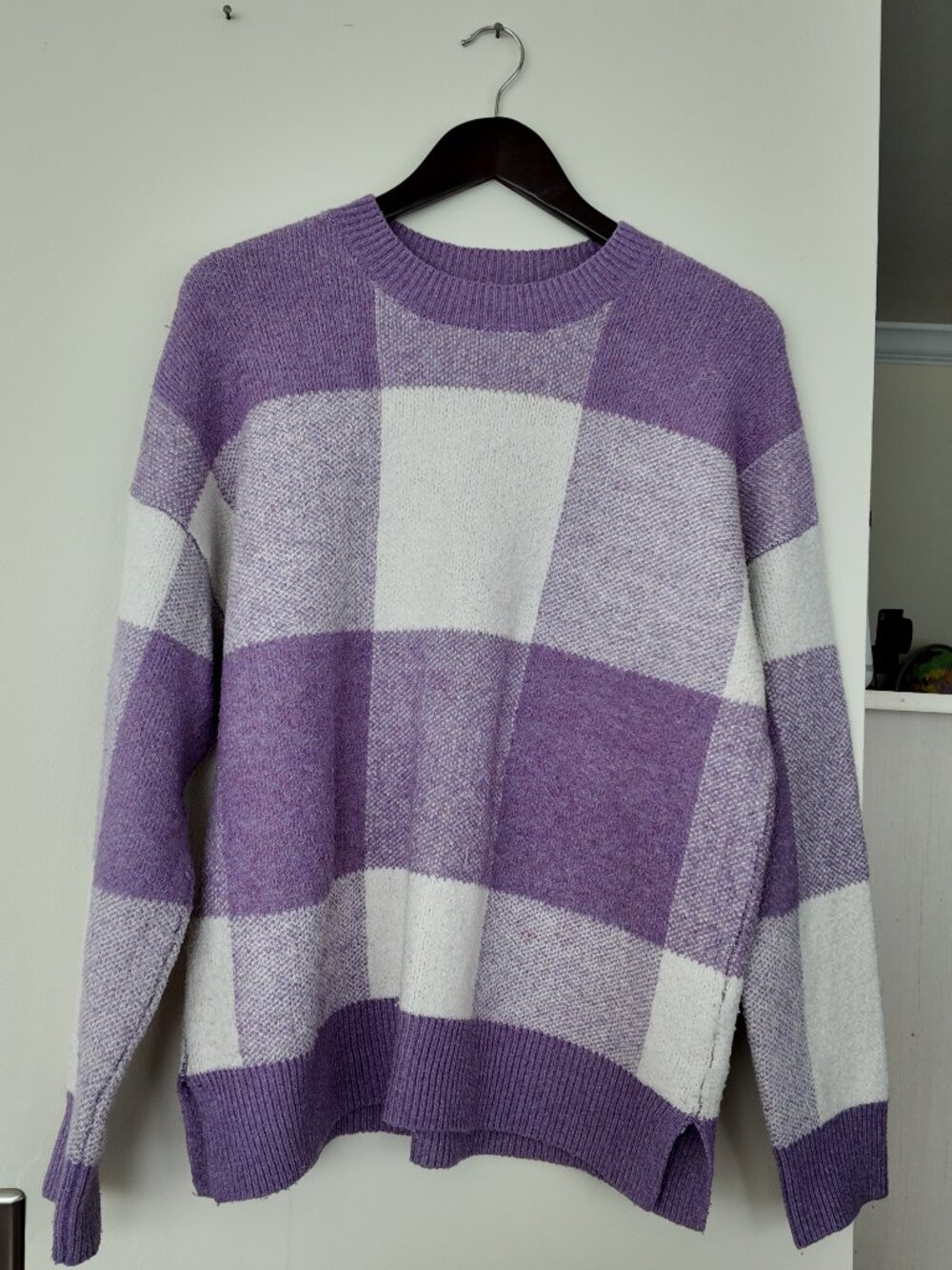 Christian Siriano New York Purple & White Plaid Crewneck Knit Sweater | Size XL